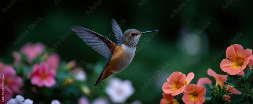 Naklejka premium Hummingbird dances like a jewel near nature’s blooming rainbow of flowers.