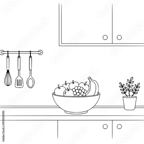 Cozy kitchen shelf interior outline home illustration