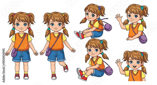 Cartoon Girl Various Poses Illustration.