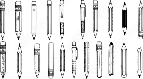 Variety of Hand-Drawn Pencils and Pens in Black and White Outline