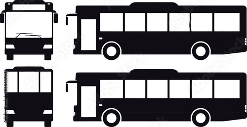 City bus silhouette vector set isolated on white background, public transport vehicle icons in front and side view, urban transportation EPS 10 illustration