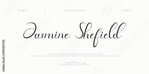 Jasmine Shefield, Script alphabet letters font logo. Typography luxury classic lettering serif italic fonts decorative wedding vintage retro logos. vector illustration
