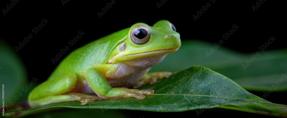 Obraz premium Mid shot of a green tree frog sitting on a leaf branch or foliage.