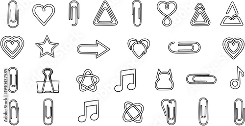 Diverse Collection of Outline Stationery Icons: Paperclips, Hearts, Stars, Music Notes, and More