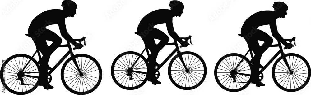 Obraz premium Side view silhouette of three professional road cyclists riding in a row formation during a competitive race event isolated on a white background