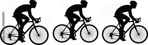 Side view silhouette of three professional road cyclists riding in a row formation during a competitive race event isolated on a white background