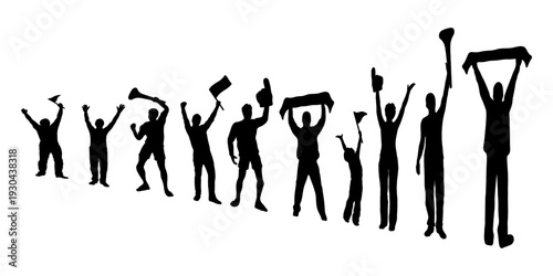 Black silhouette football fans cheering, celebrating, shouting, and raising hands with scarf, vector illustration for sports, victory, team spirit, celebration themes.