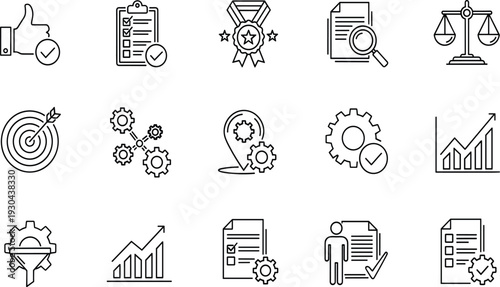 Business Performance and Quality Management Line Icon Set Featuring Strategic Planning, Goal Tracking, Data Analysis, Compliance, Regulatory Standards, Efficiency, Success, and Growth