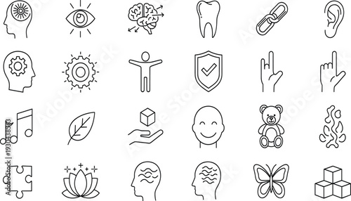 Comprehensive Vector Icon Collection Featuring Infrastructure Public Services Education Mathematical Measurement Tools Geometry Psychology Wellness and Diverse Linear Symbols for Design Projects