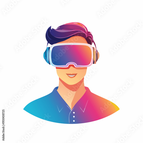 Man wearing virtual reality headset, experiencing immersive technology in a futuristic environment, viewed from the front