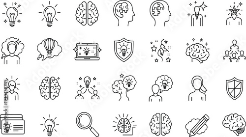 Creative Mind and Innovation Line Icon Set Featuring Brainstorming, Thinking Process, Lightbulbs, Mind Mapping, Problem Solving, Strategy, Success, and Intellect Symbols
