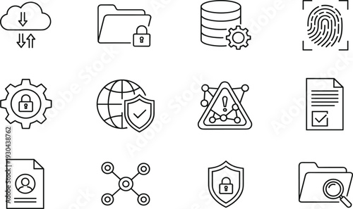 Cyber Security and Data Protection Line Icon Set Featuring Cloud Safety, Firewall, Fingerprint Scan, Encryption, Password Privacy, Network Defense, and Connectivity