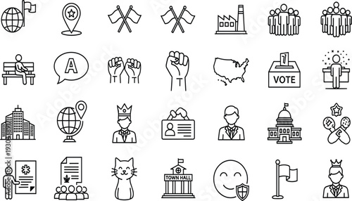 Government and Politics Line Icon Set Featuring Voting, Town Hall, National Flags, Global Diplomacy, Leadership, Civic Duty, Law, and Democracy Symbols