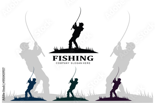 Fishing logo set with silhouettes of anglers and fishing rods on grassy background