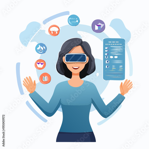A woman wearing virtual reality goggles interacts with a digital interface and various icons floating around her in a futuristic setting