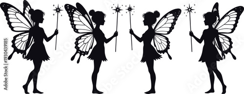 Fairy silhouette vector set with magic wand and butterfly wings isolated on white background, fantasy girl character illustration for decoration and design