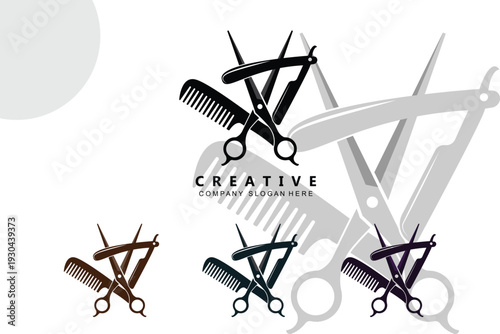 Barber shop set logo elements scissors comb razor vintage retro style professional tools