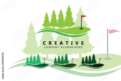 Golf course landscape with pine trees green hills and flags representing sports and nature