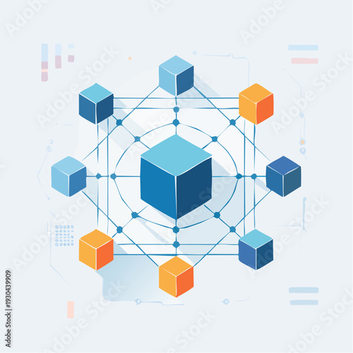 Central cube surrounded by interconnected 3D cubes in a network structure, depicting technology and data visualization from an isometric viewpoint