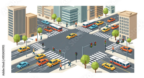 City Street Intersection with Cars and Pedestrians.