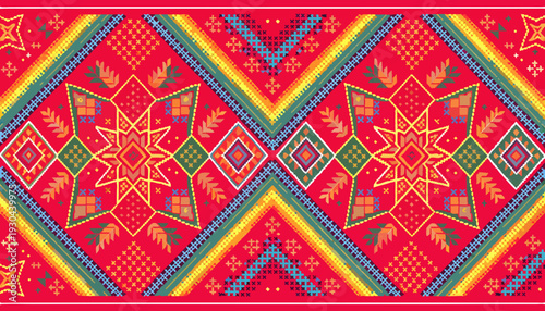 Traditional Lao Tribal Embroidery Pattern, Intricate Geometric Cross-Stitch on Magenta Textile
