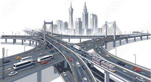 City Highway Interchange with Skyscrapers.