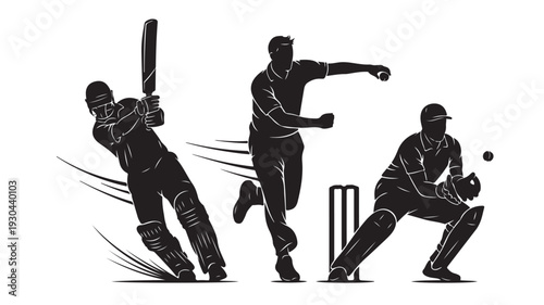 Cricket Players Batting, Bowling, Wicket Keeping in Black Silhouette on White Background
