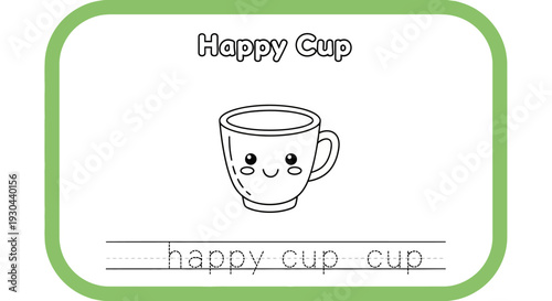 Cute Happy Cup Coloring Page for Kids Learning Letters and Words