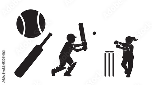 Cricket Players Batting and Bowling on Field