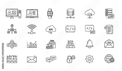 Modern computing and internet connection thin line vector icon collection