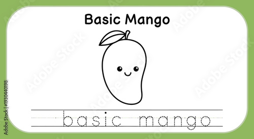 Cute Mango Outline with "Basic Mango" Text for Coloring and Learning