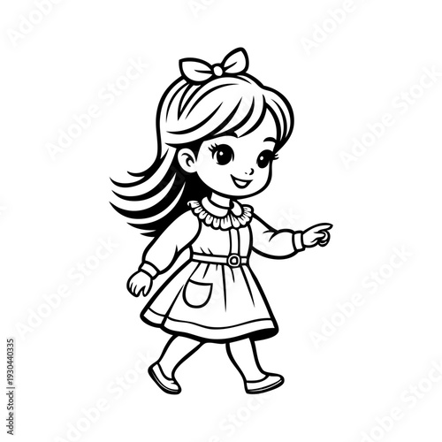 Logotipo de boutique de moda femenina. Dibujo sencillo con líneas de una niña andando con un vestido, vista de perfil 