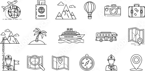Set of Simple Travel Icons in Line Style.