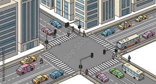 City Intersection with Cars and Pedestrians.
