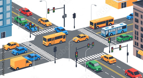 City Intersection with Traffic and Buses.