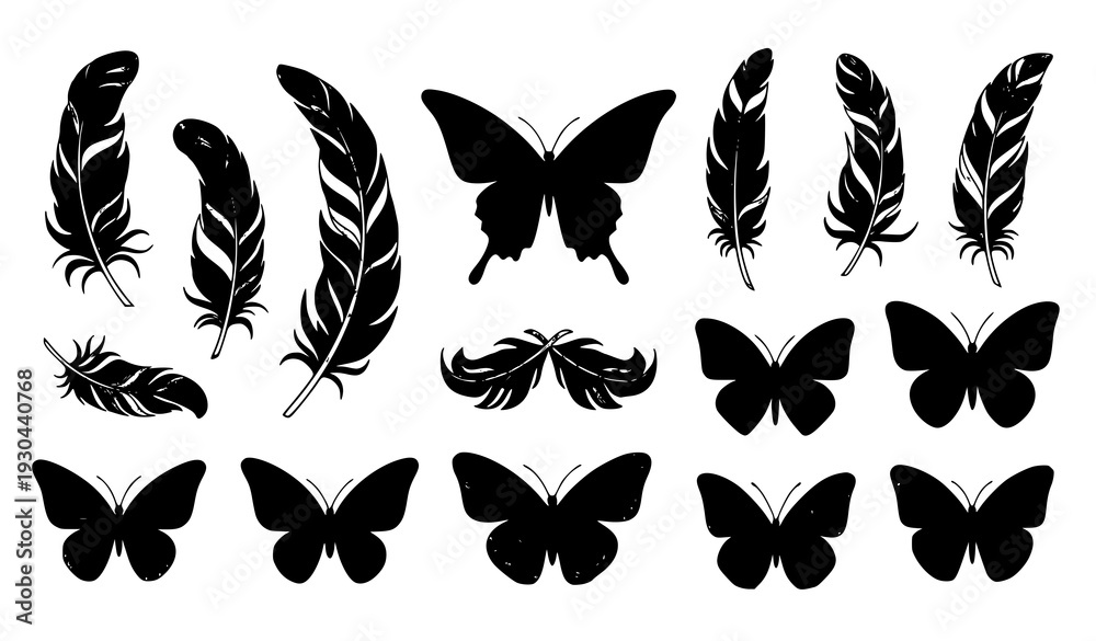 Fototapeta premium Decorative butterfly and bird feather flat vector set isolated on white