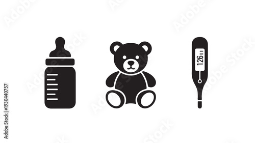 Baby Care Icons in Simple Flat Design with Black Silhouette on White Background for Infant Healthcare