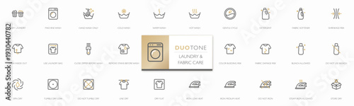 Duotone laundry and fabric care icon set. Minimalist line style, editable stroke for washing, drying, ironing, and fabric care instruction for apps, packaging, manual and UI. Vector Illustration