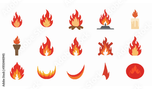 Fire flames flat vector icon set with blaze, campfire, candle and gas flame symbols