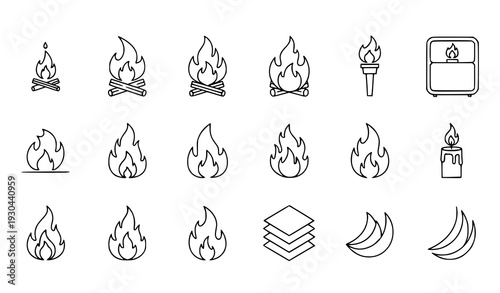 Editable stroke line icons of fire flames, blaze and heat symbols