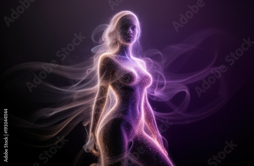 Ethereal female silhouette composed of purple and pink light swirls