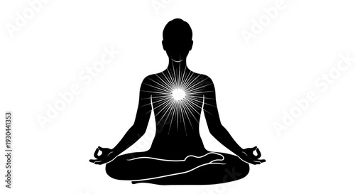 Meditation Silhouette with Glowing Heart Chakra Light, Mindfulness Yoga Wellness and Inner Peace Spiritual Concept Illustration