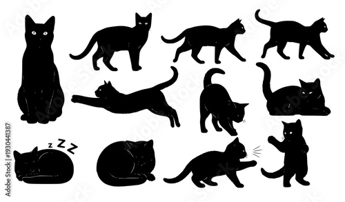 Cat silhouettes vector set with different poses isolated on white background