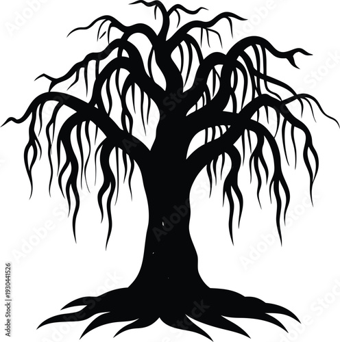 A barren tree silhouette with exposed roots on a transparent background