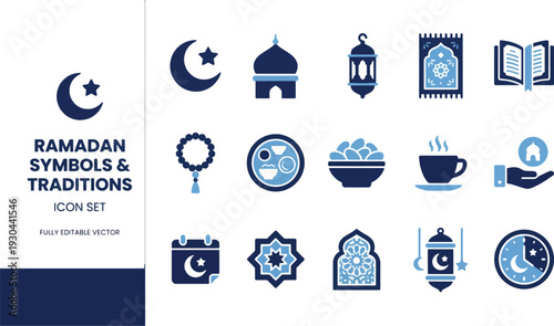 Ramadan symbols and traditions icon set with moon star mosque dome lantern prayer carpet quran book tasbih beads coffee cup calendar geometric pattern and prayer clock illustrations