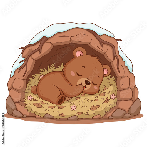 Cute Cartoon Bear Cub Hibernating in a Cozy Winter Den