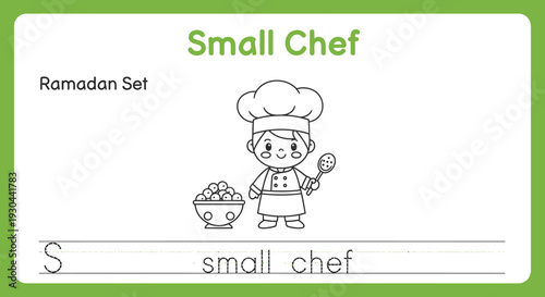 Cute Small Chef Character Learning to Cook, Ramadan Set Coloring Page