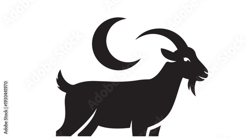 Black Goat Silhouette with Crescent Moon on White Background