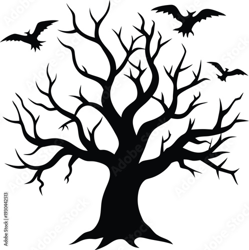 Bare tree silhouette with flying bats on a transparent background