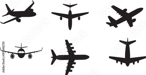 Airplane Silhouettes in Various Views and Angles in Black on White Background for Aviation Illustration